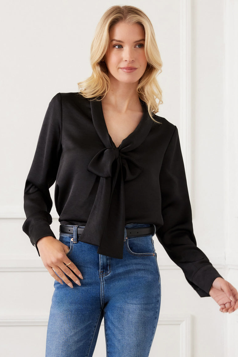 Blouse Women Long-Sleeve Satin Bow-Tie Neck – Shoptiques