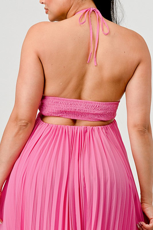 Flowy Sleeveless Pleated Maxi Dress Pink / L