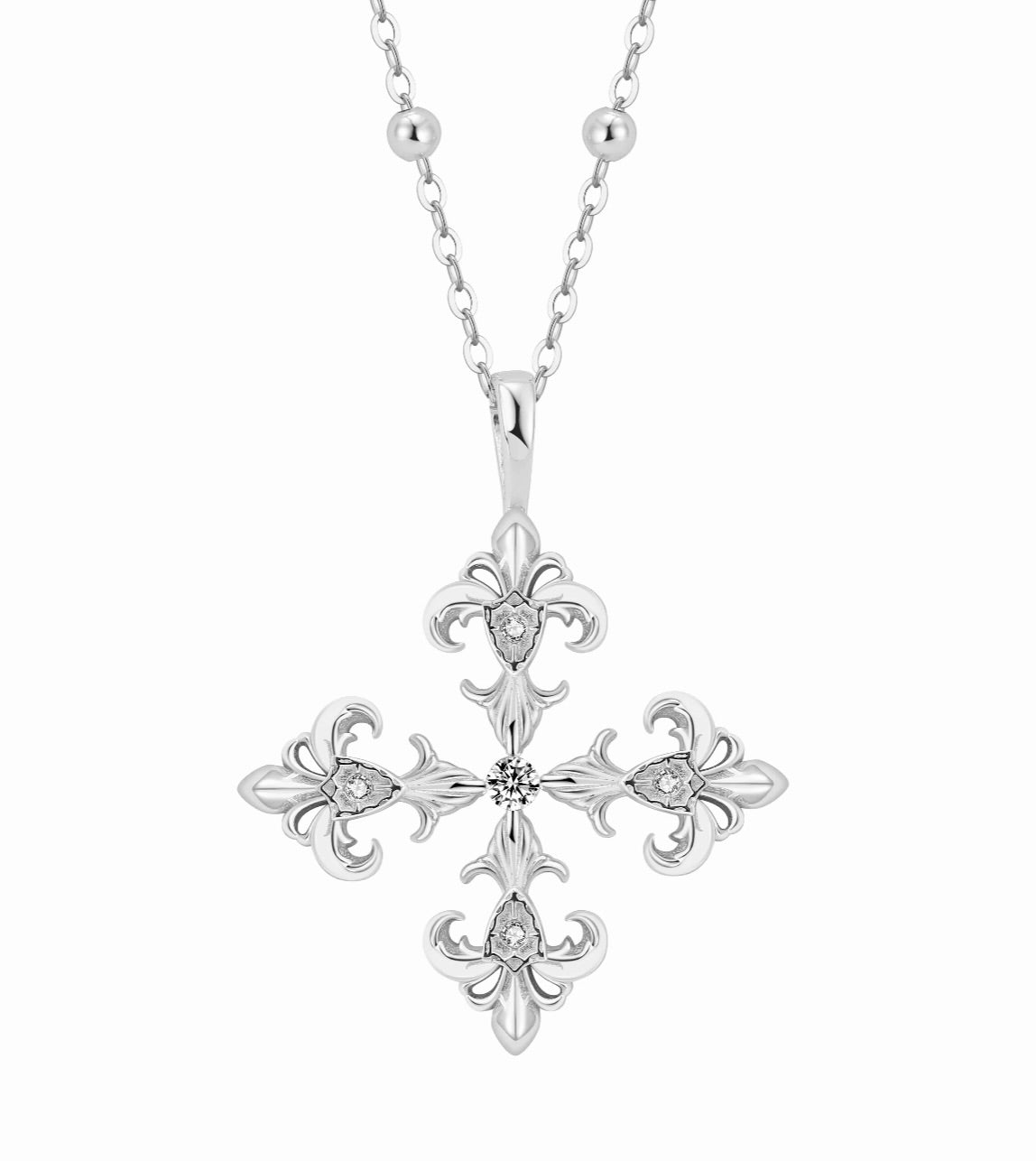 Saints and Saviors Silver necklace with a decorative four-sided fleur de lis pendant on a white background