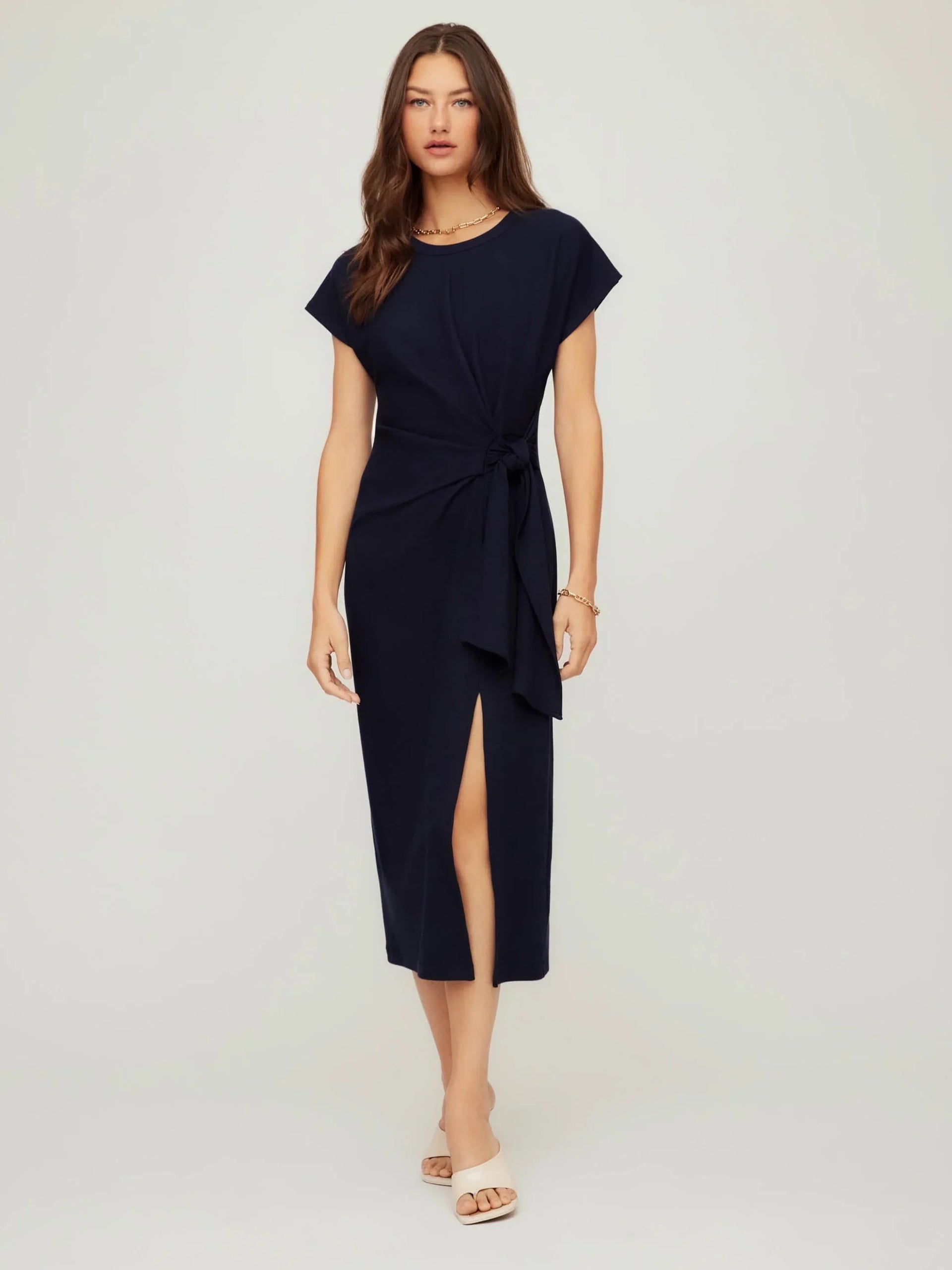 Marissa Side-Knot Midi Dress- Navy – Shoptiques