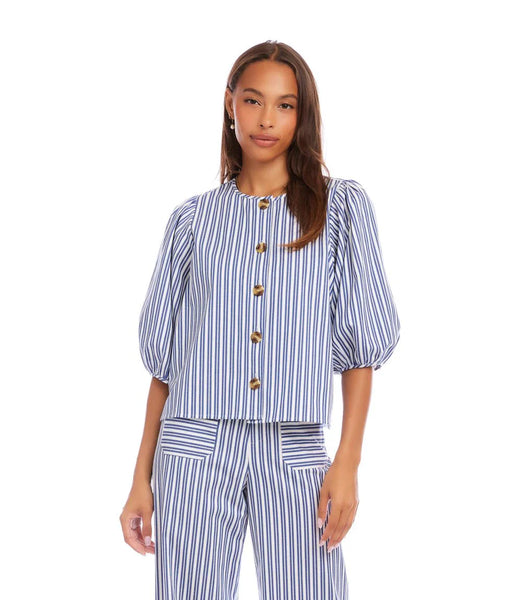 Stripe Puff Sleeve Button Front Top- Off White w/Blue – Shoptiques