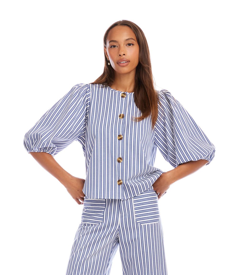 Stripe Puff Sleeve Button Front Top- Off White w/Blue – Shoptiques