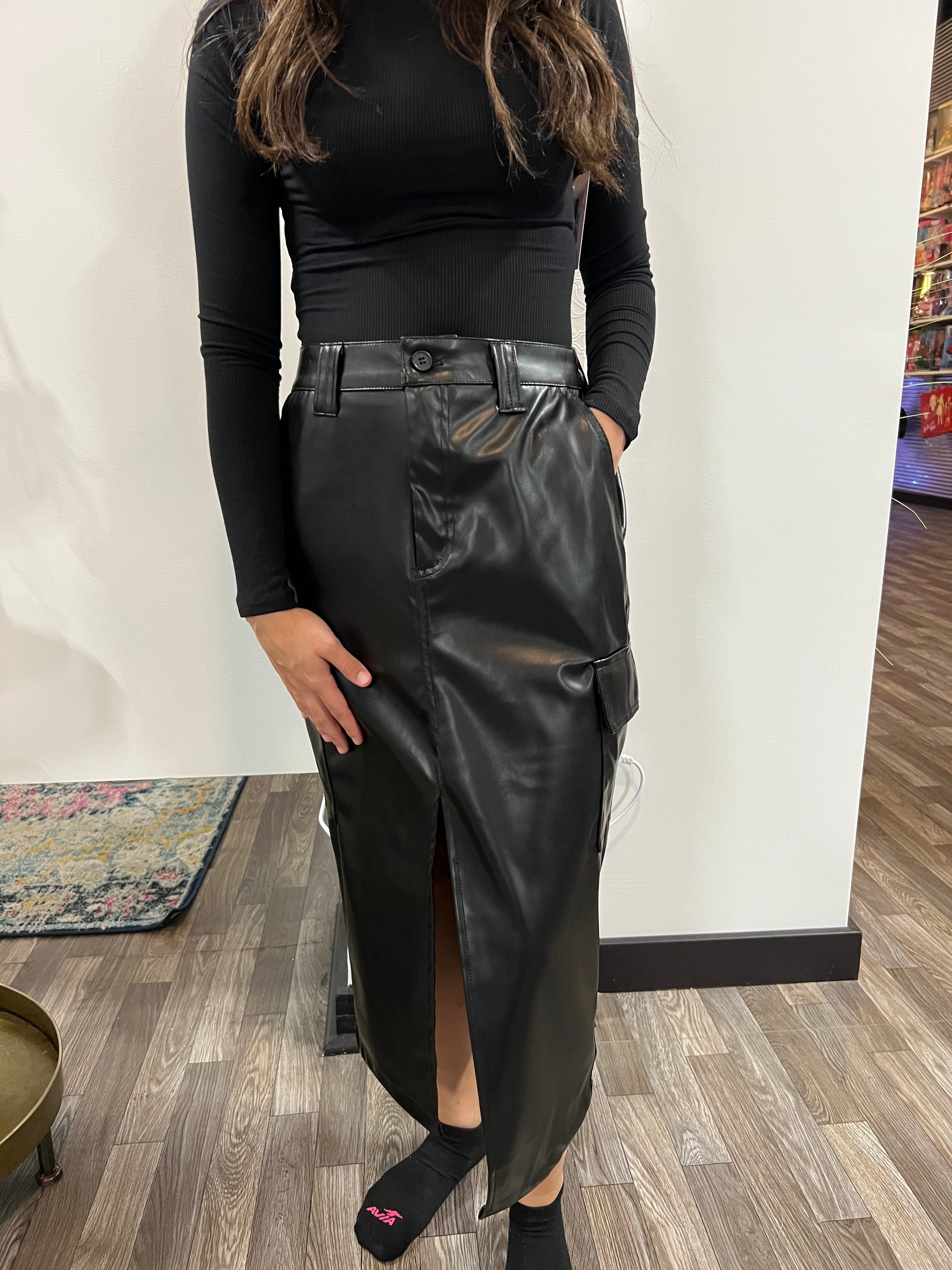 Black Faux Leather Midi Cargo Skirt