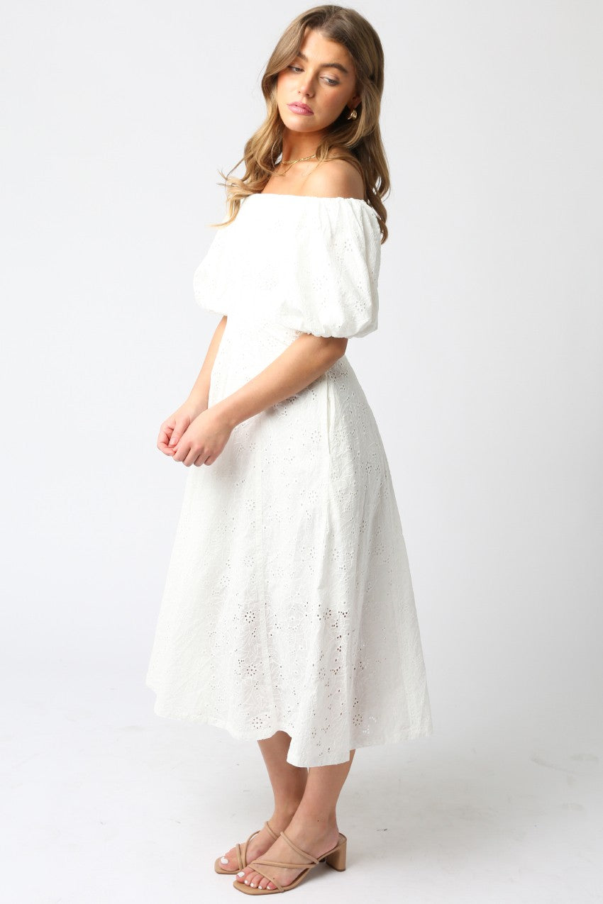 Gracie Eyelet Puff Sleeve Midi Dress | White - Small