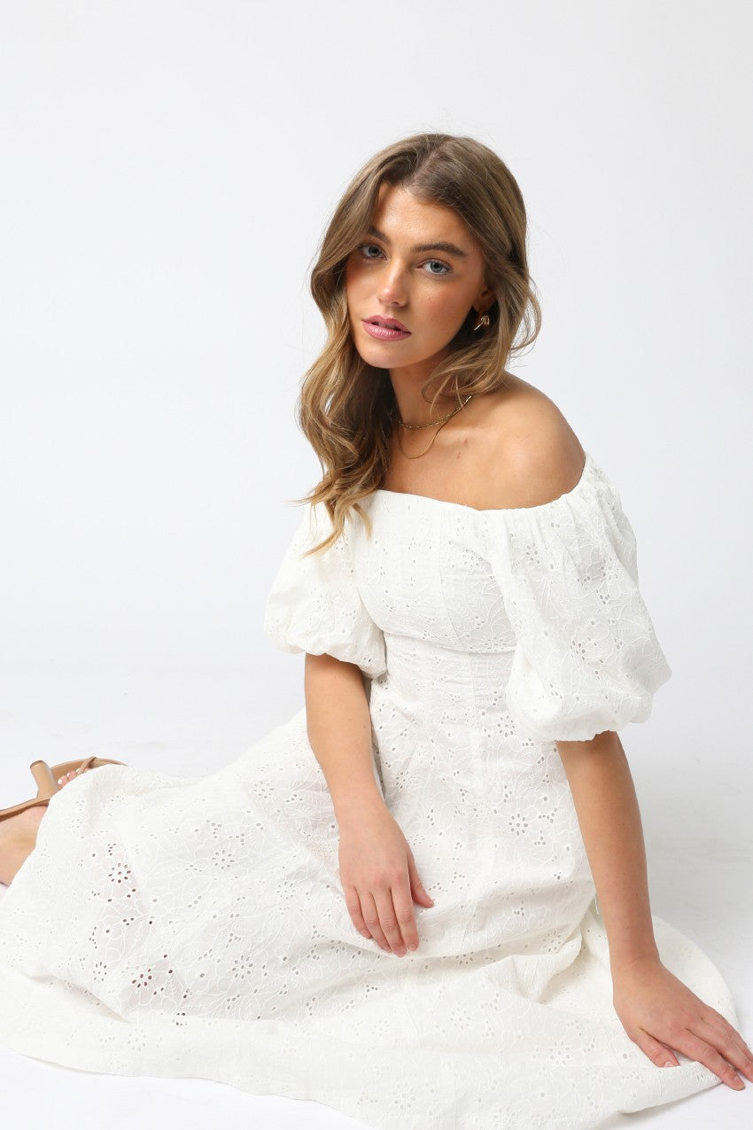 Gracie Eyelet Puff Sleeve Midi Dress | White - Small Gracie Eyelet Puff Sleeve Midi Dress | White - Small