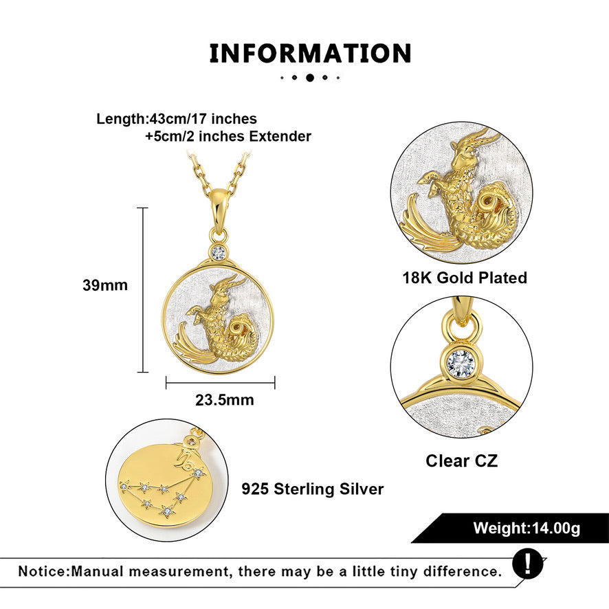 Gold pendant necklace with detailed specifications on a white background