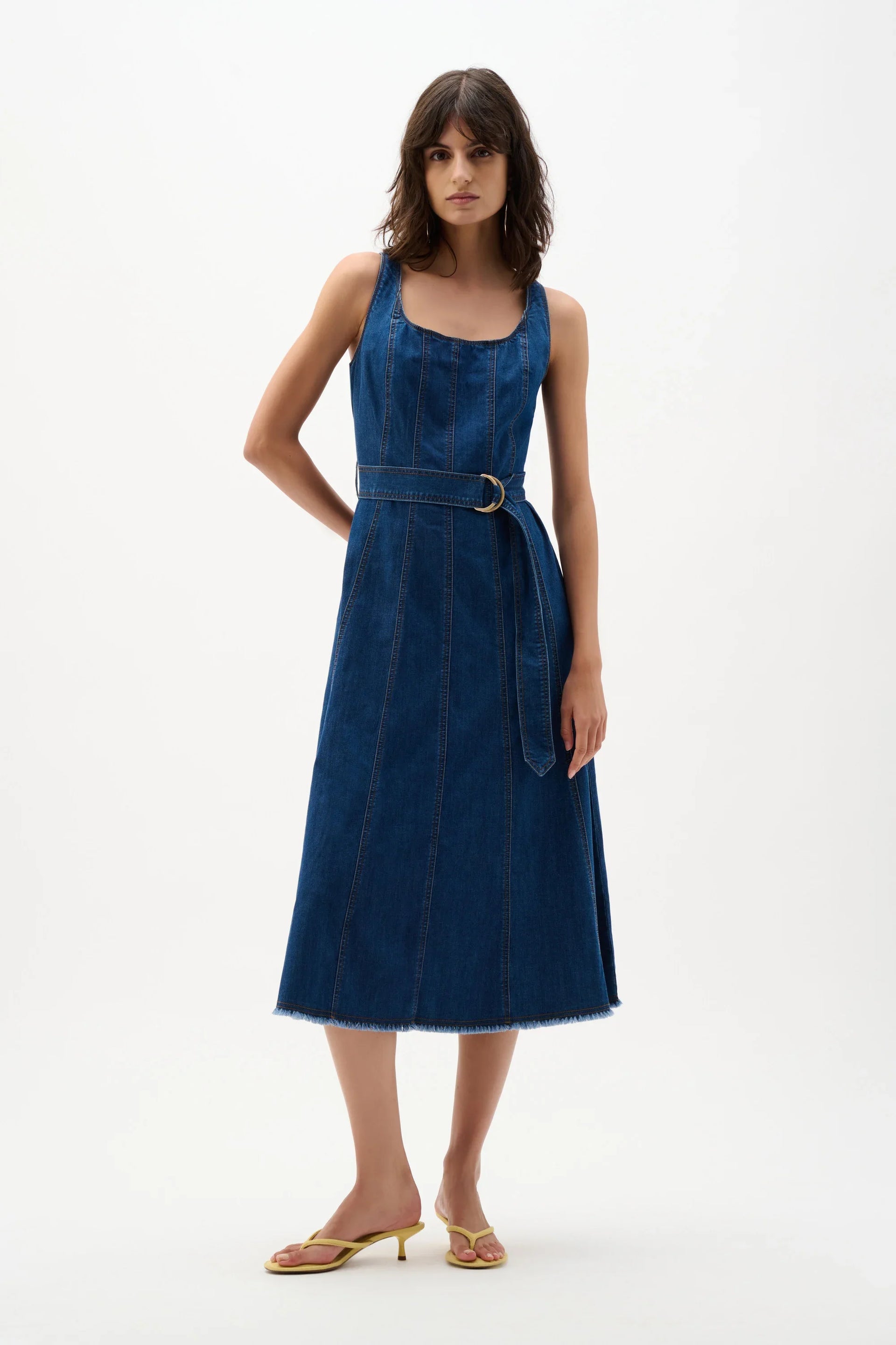 fit and flare denim dress Denim Fit And Flare Midi Dress With Belt- Denim Medium Blue – Shoptiques