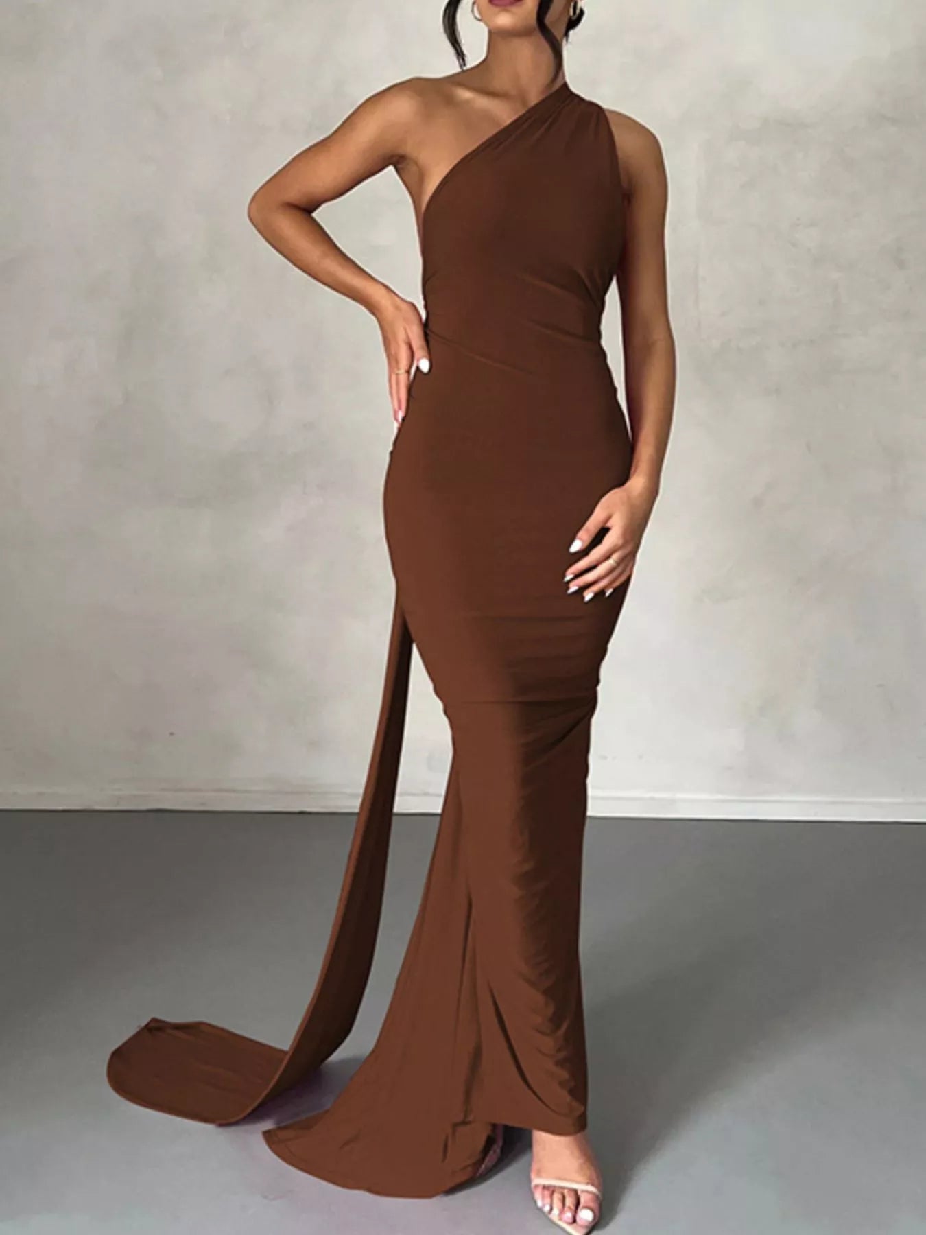 princess polly baby blue dress Backless One-Shoulder Ruched Bodycon Maxi Dress Brown / S