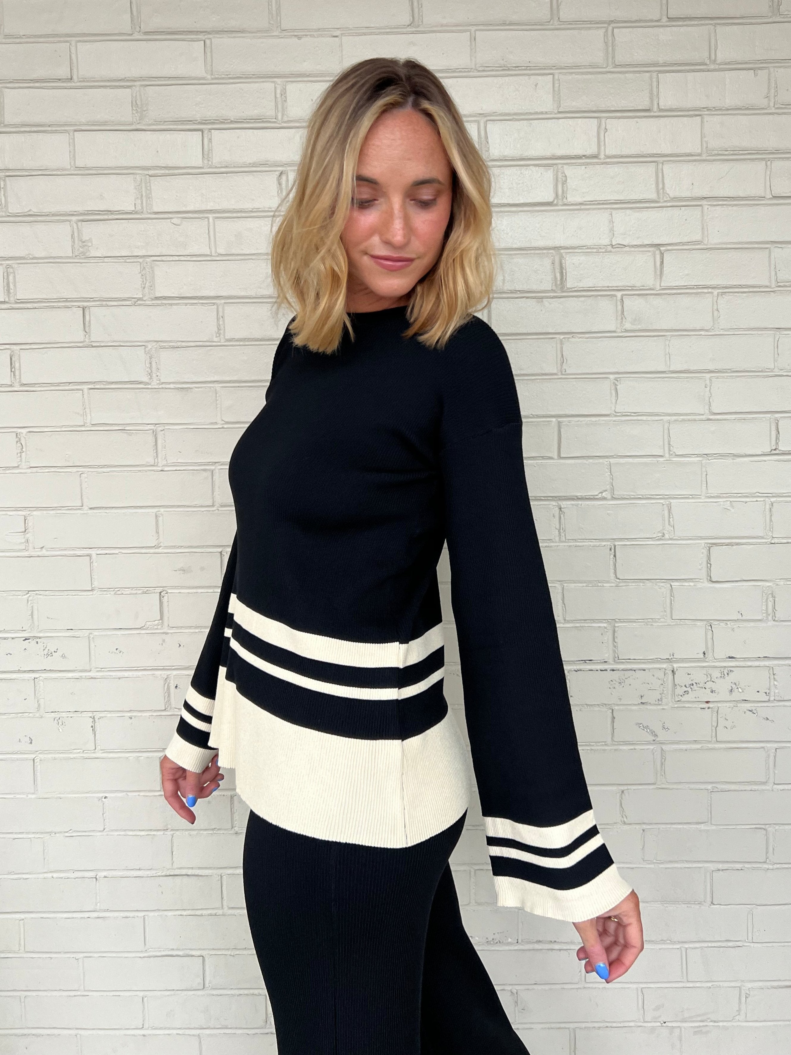 Miou Muse | Black & Cream Stripe Detail Top | Sweetest Stitch