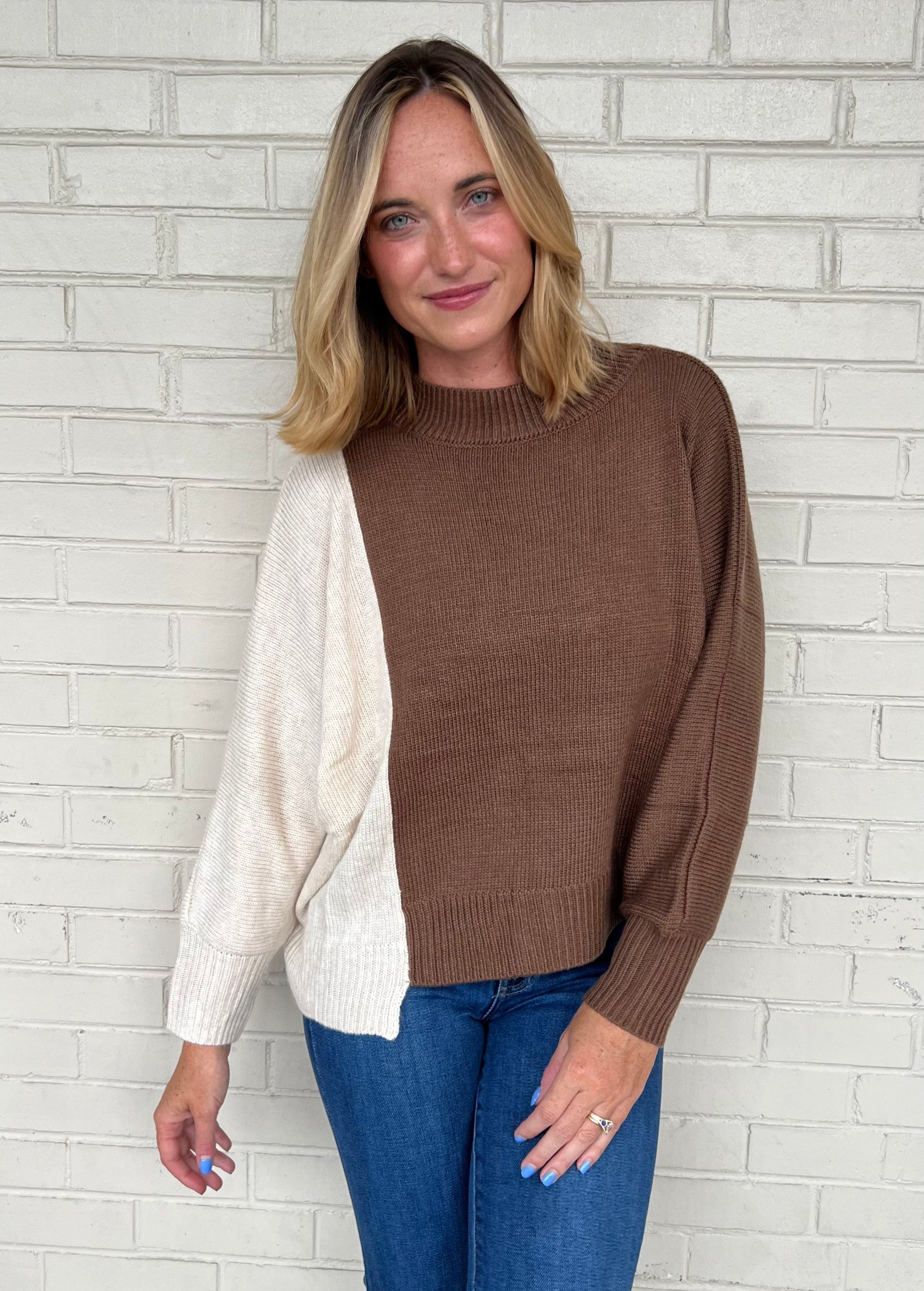 Miou Muse | This or That Color Block Sweater - Oatmeal/Brown | Sweetest Stitch