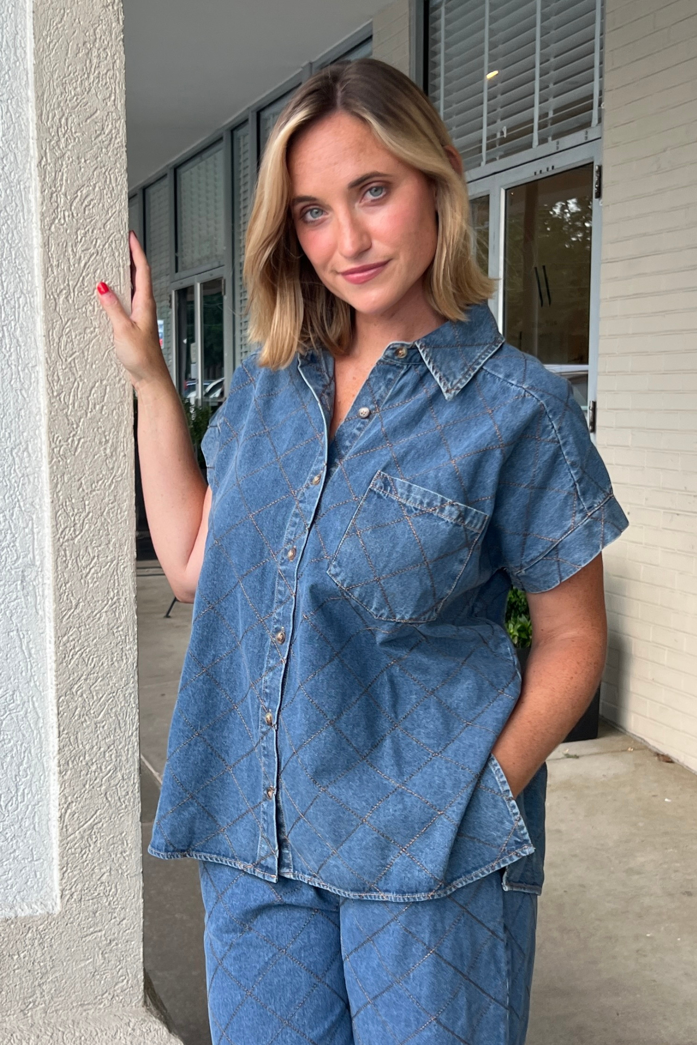 Entro | Quilted Denim Button Down Top | Sweetest Stitch Cute Tops