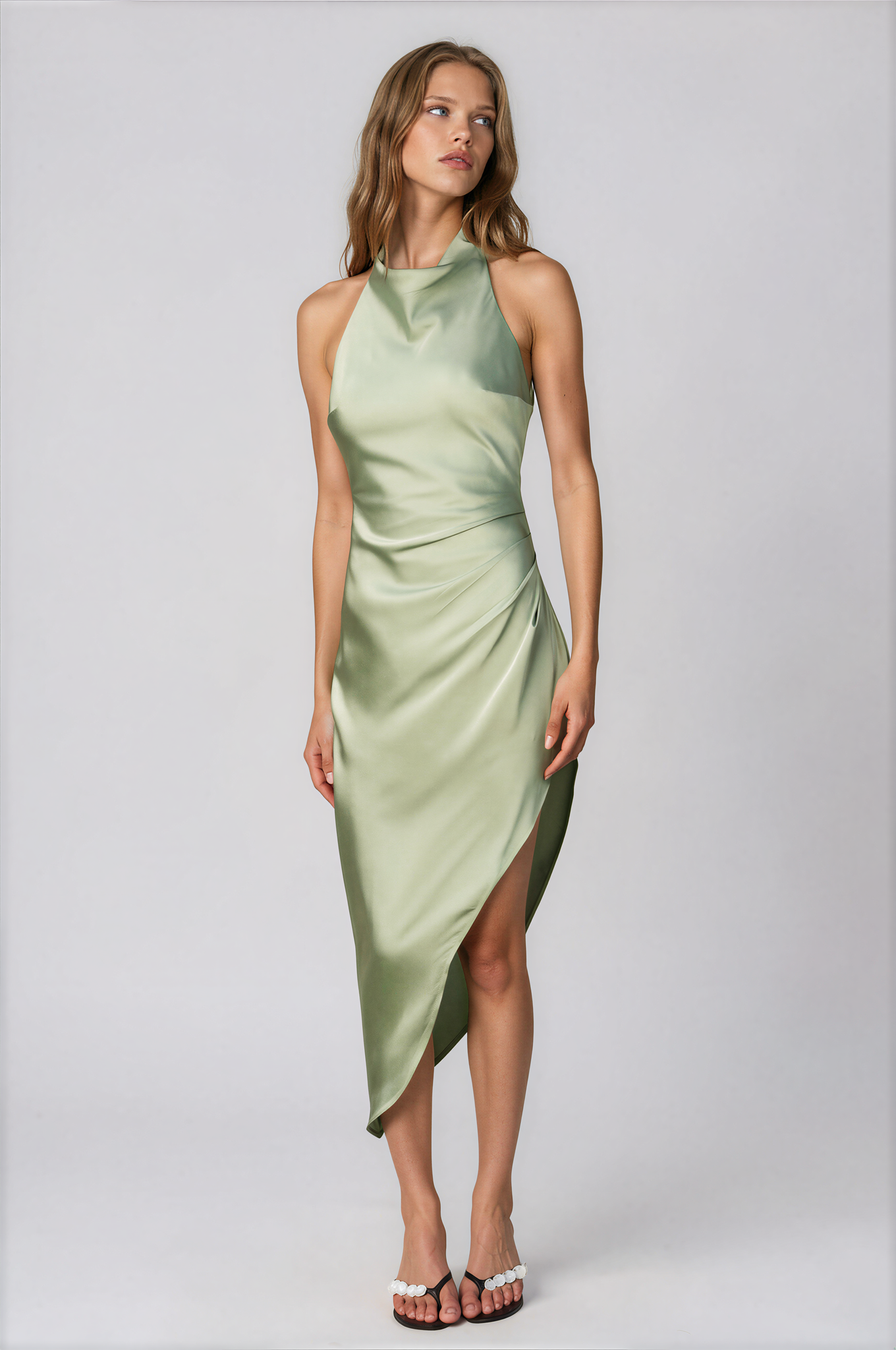 Eliza Sage Halter Asymmetrical Dress