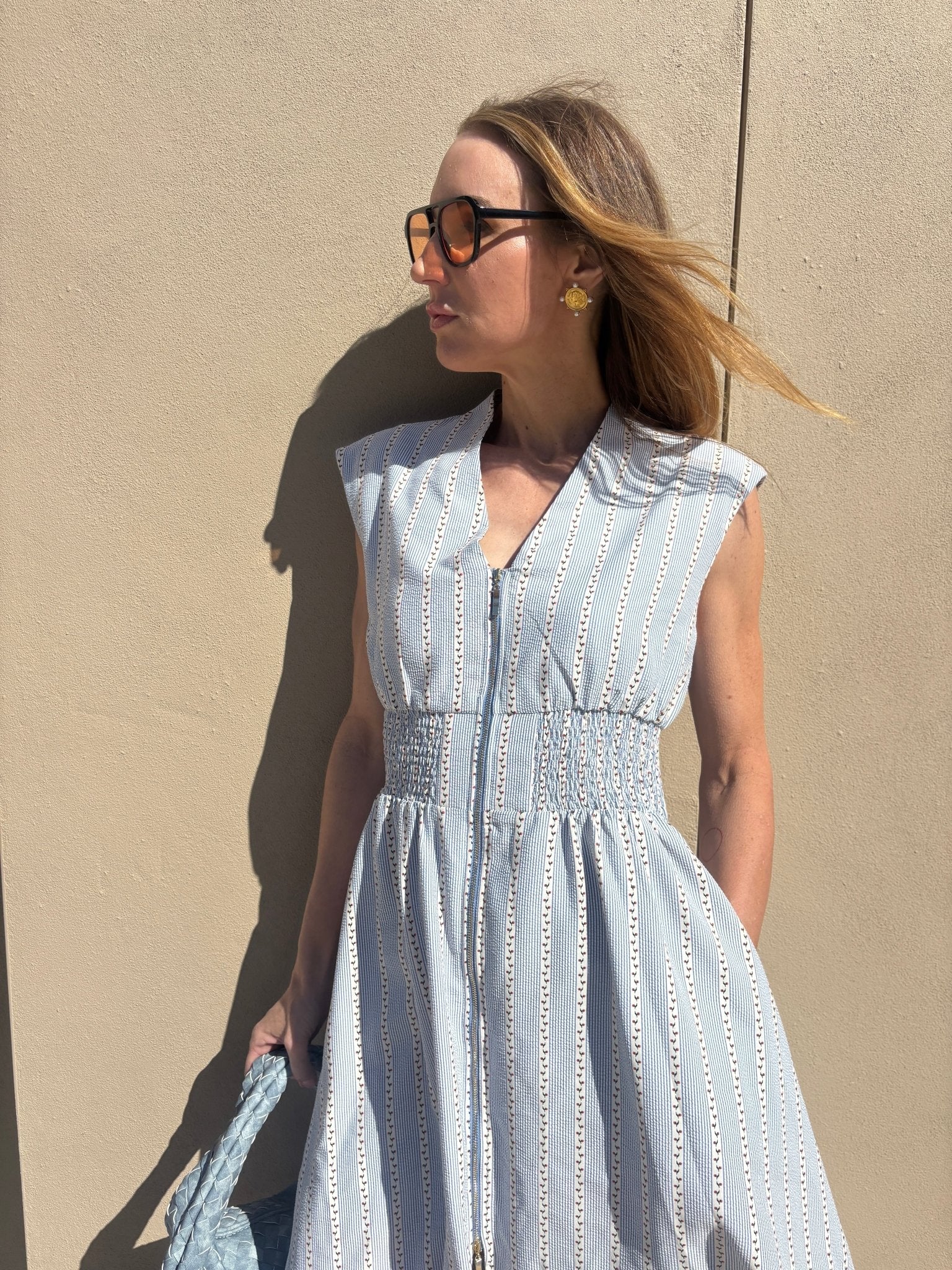 THML Sleeveless Floral Vine Striped Zipper Dress L
