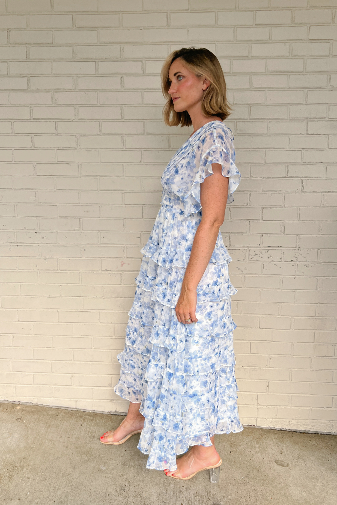 Storia Blue Floral Ruffle Maxi Dress | Sweetest Stitch Wedding Guest