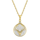Gold and silver Virgo zodiac depicting a deer head with antlers pendant on a gold chain against a white background