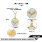Gold and silver deer head pendant necklace with measurements and material details on a white background.