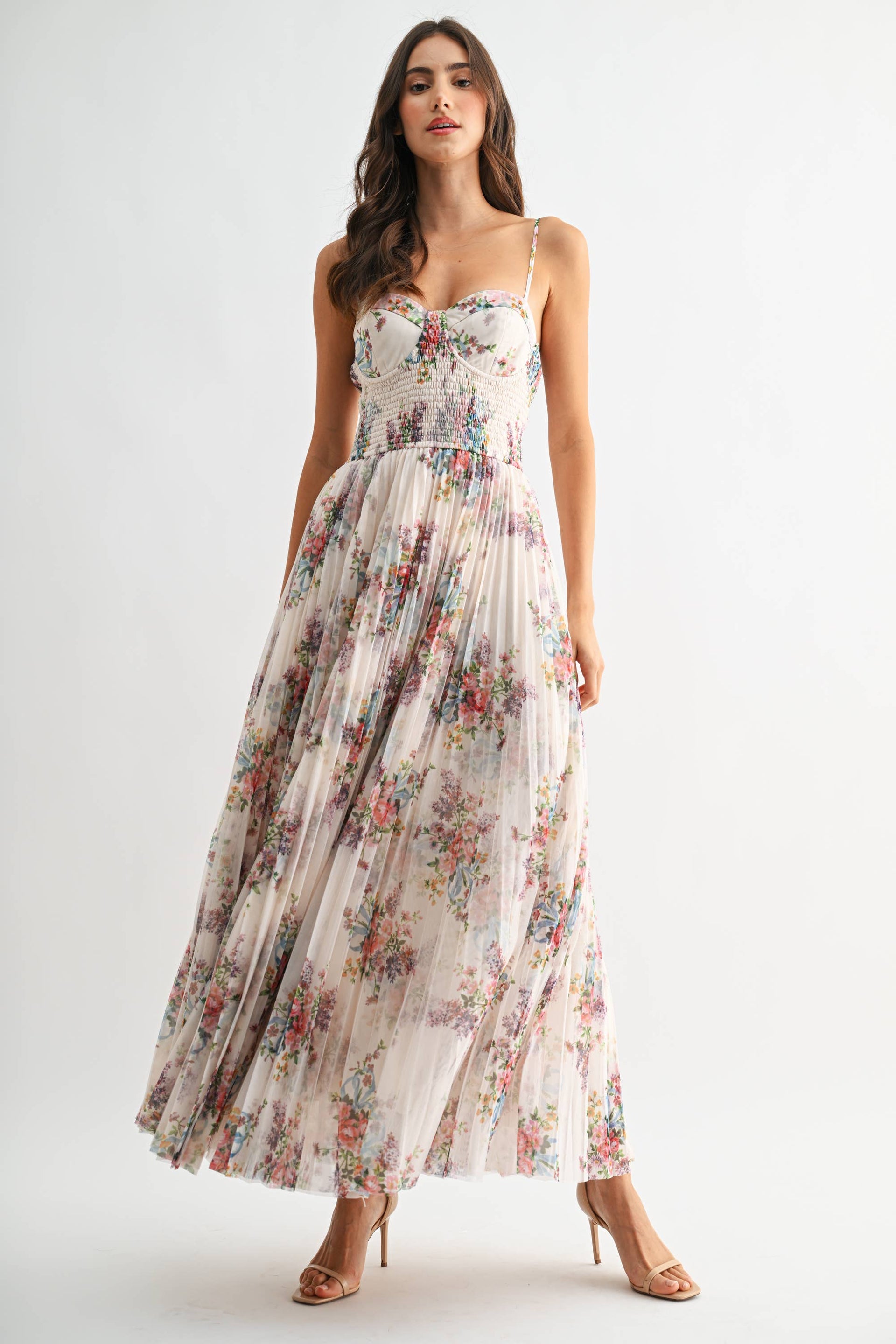 pleated floral maxi dress Pleated Floral Tulle Maxi Dress S-M-L (3-2-1)