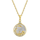 Gold chain necklace with a round Gold and Silver Aquarius Zodiac pendant featuring a design of a water urn with dolphins leaping on a white background.