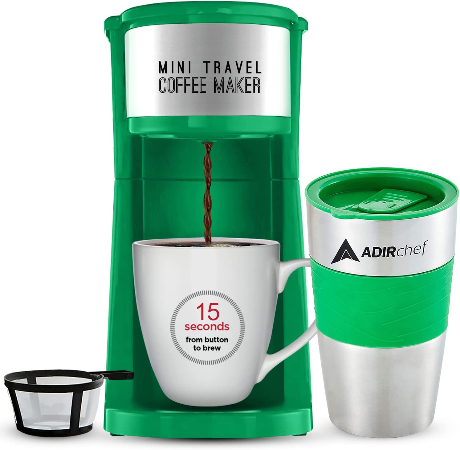 AdirChef Mini Travel Single Serve Coffee Maker & 15 oz. Travel Mug