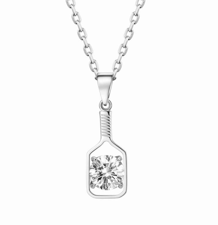 Pickleball Solitaire Paddle and Crytal Stone Silver Necklace