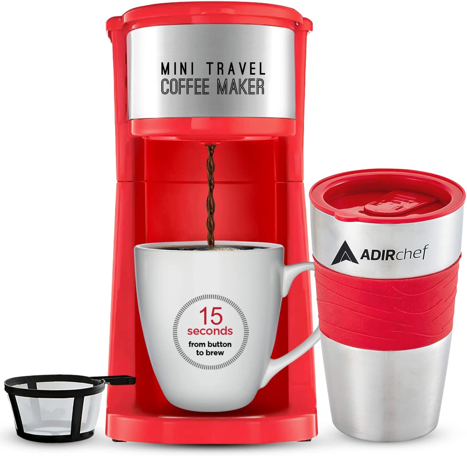 AdirChef Mini Travel Single Serve Coffee Maker & 15 oz. Travel Mug