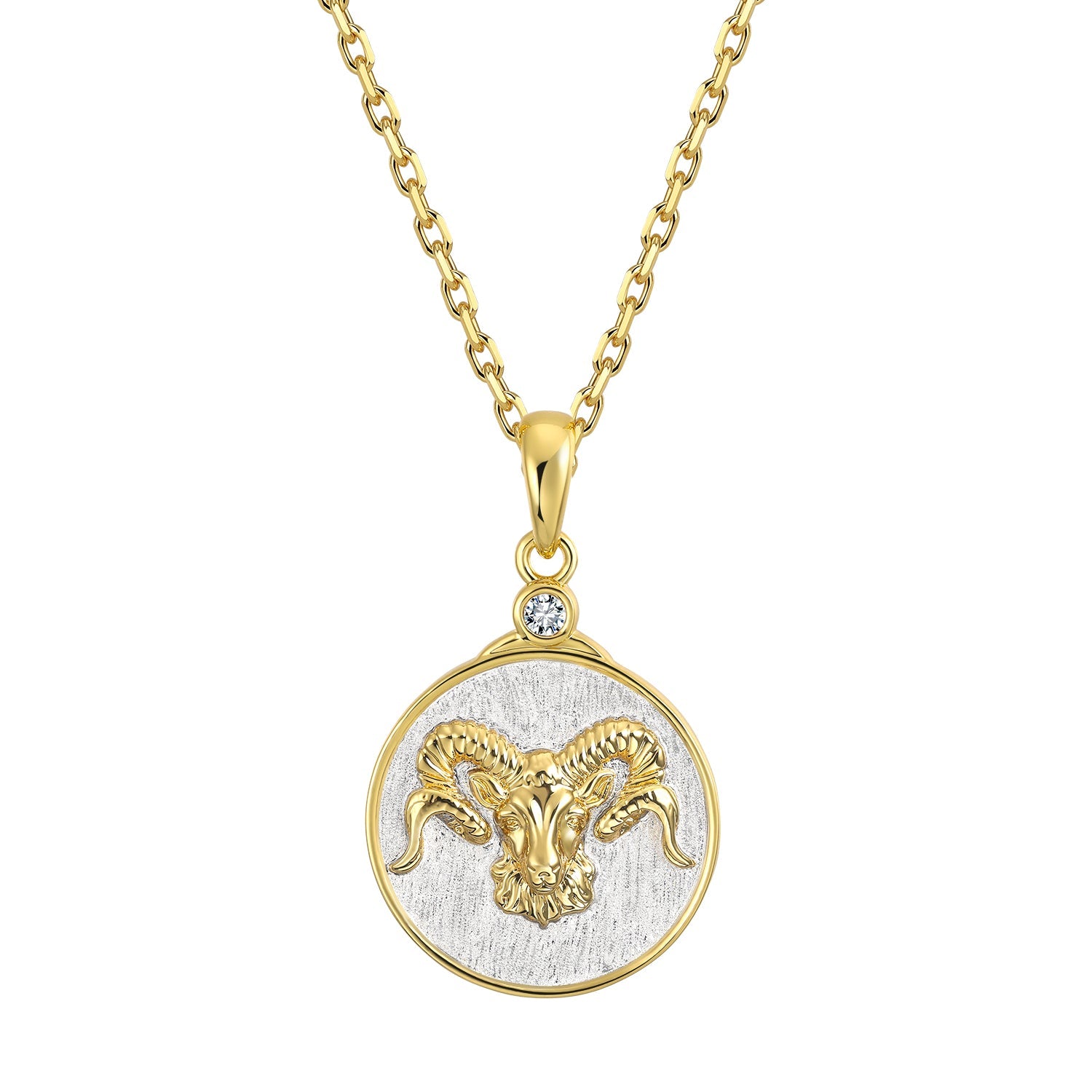 Gold and silver necklace with a zodiac Aries ram pendant on a white background