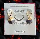 Garnet January birthstone earrings on a 'Natural Gemstone Collection' card with 'Everwild' branding.