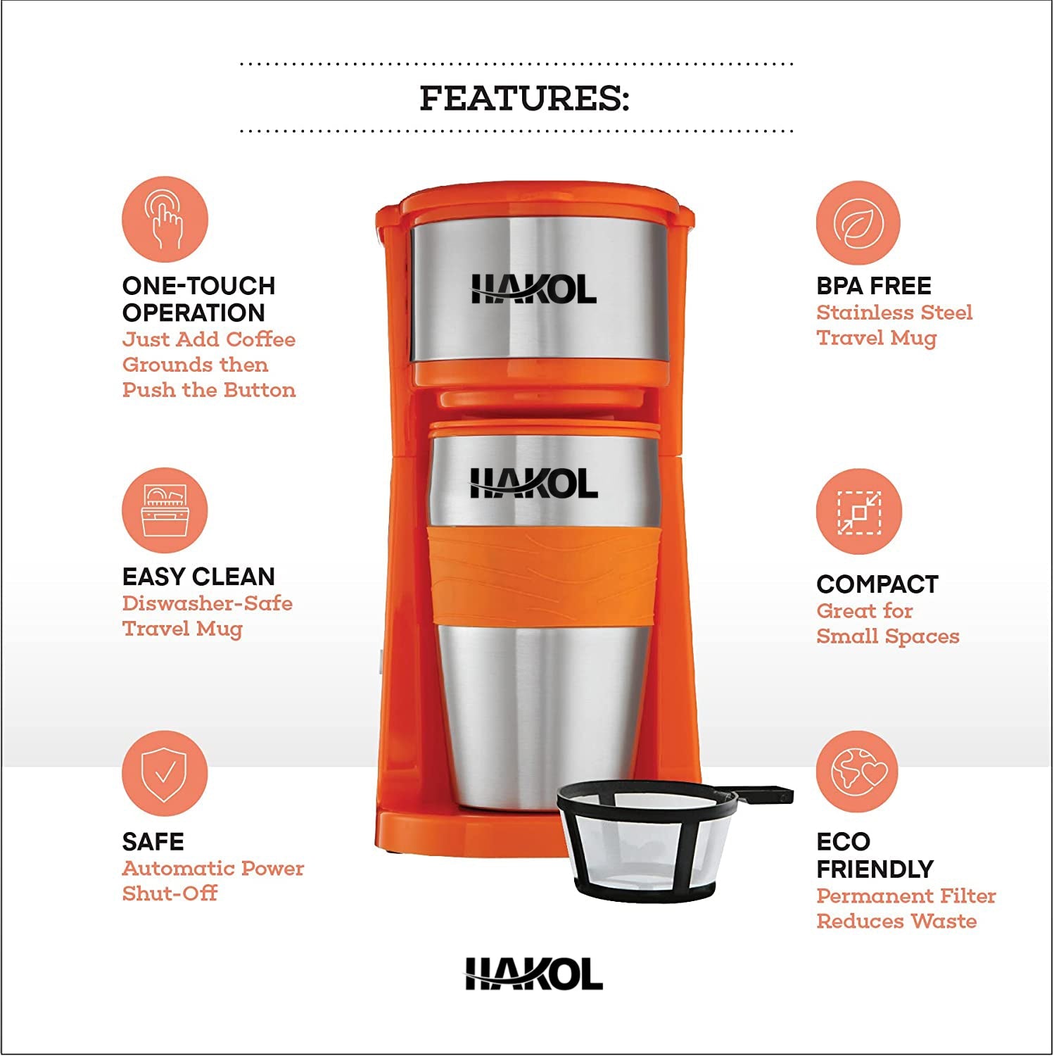 Hakol Mini Travel Single Serve Coffee Maker & 15 oz. Travel Mug