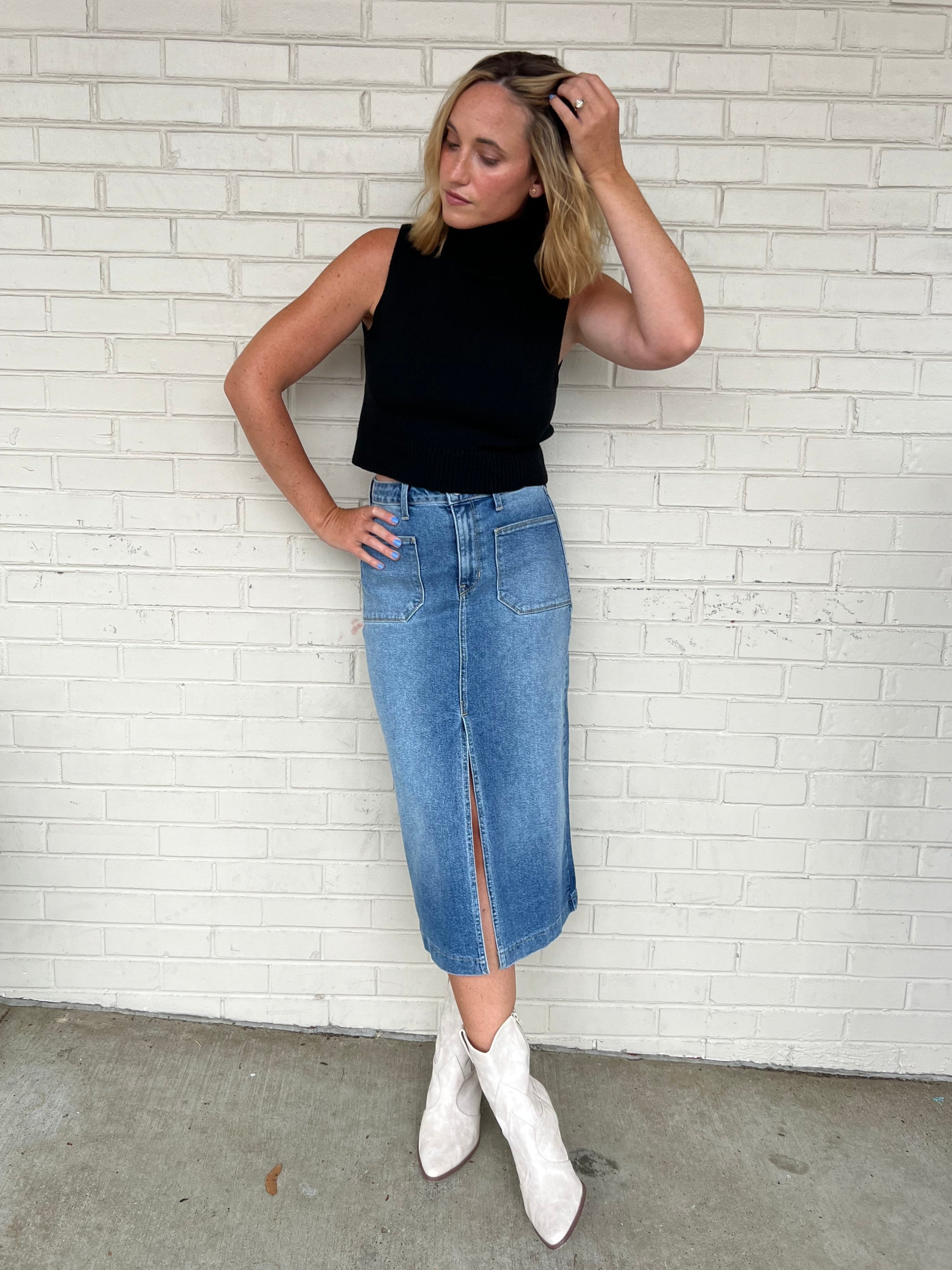 Just Black Denim | Sasha Denim Midi Skirt | Sweetest Stitch