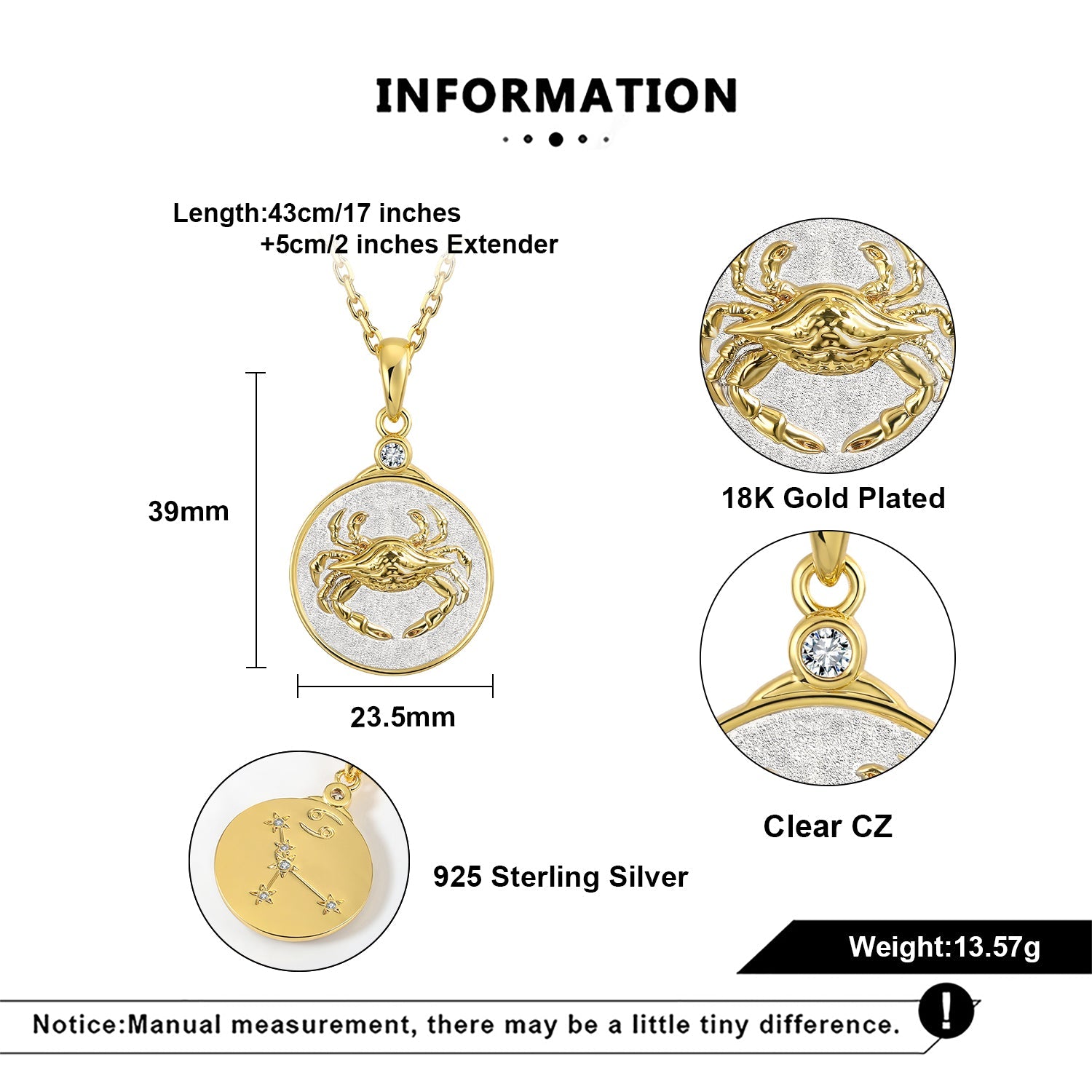 Gold and silver Cancer crab pendant necklace with measurements and material details on a white background