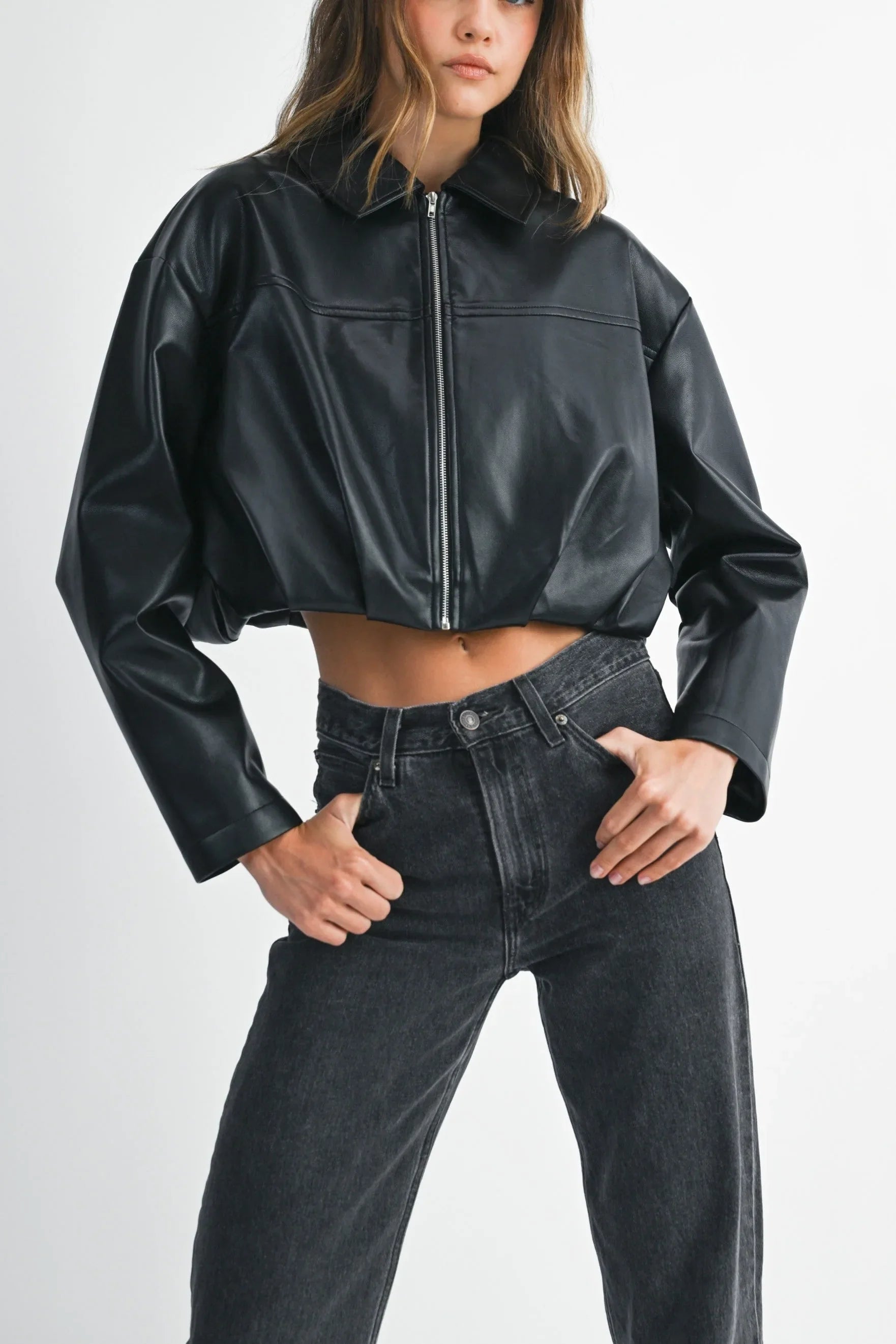 Faux Leather Pleated Bubble Hem Cropped Jacket – Shoptiques