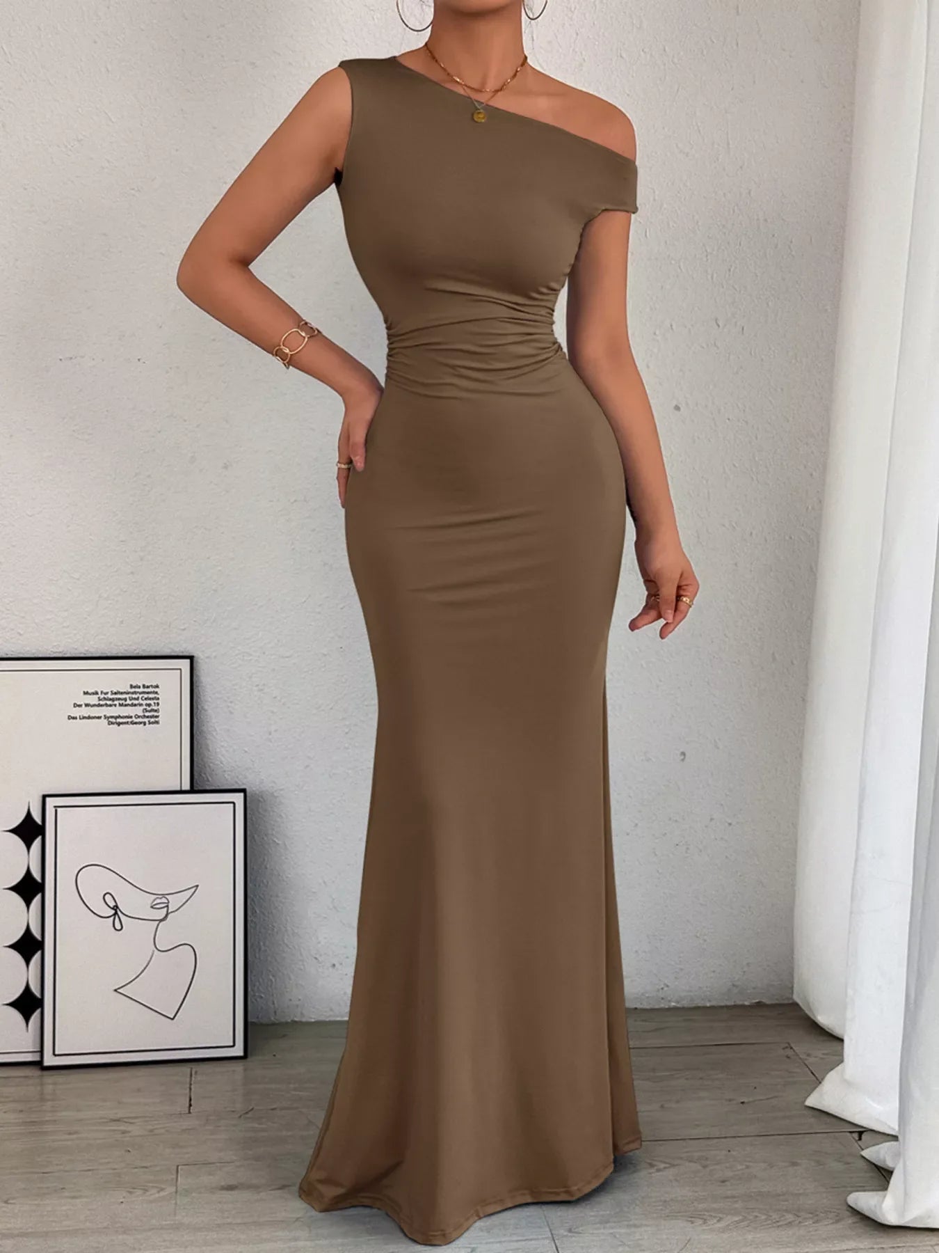 Sexy Black One-Shoulder Ruched Bodycon Maxi Dress Burgundy / S By Trendsi Sexy Black One-Shoulder Ruched Bodycon Maxi Dress Burgundy / S By Trendsi