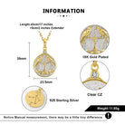 Gold and silver pendant with detailed measurements and material information on a white background