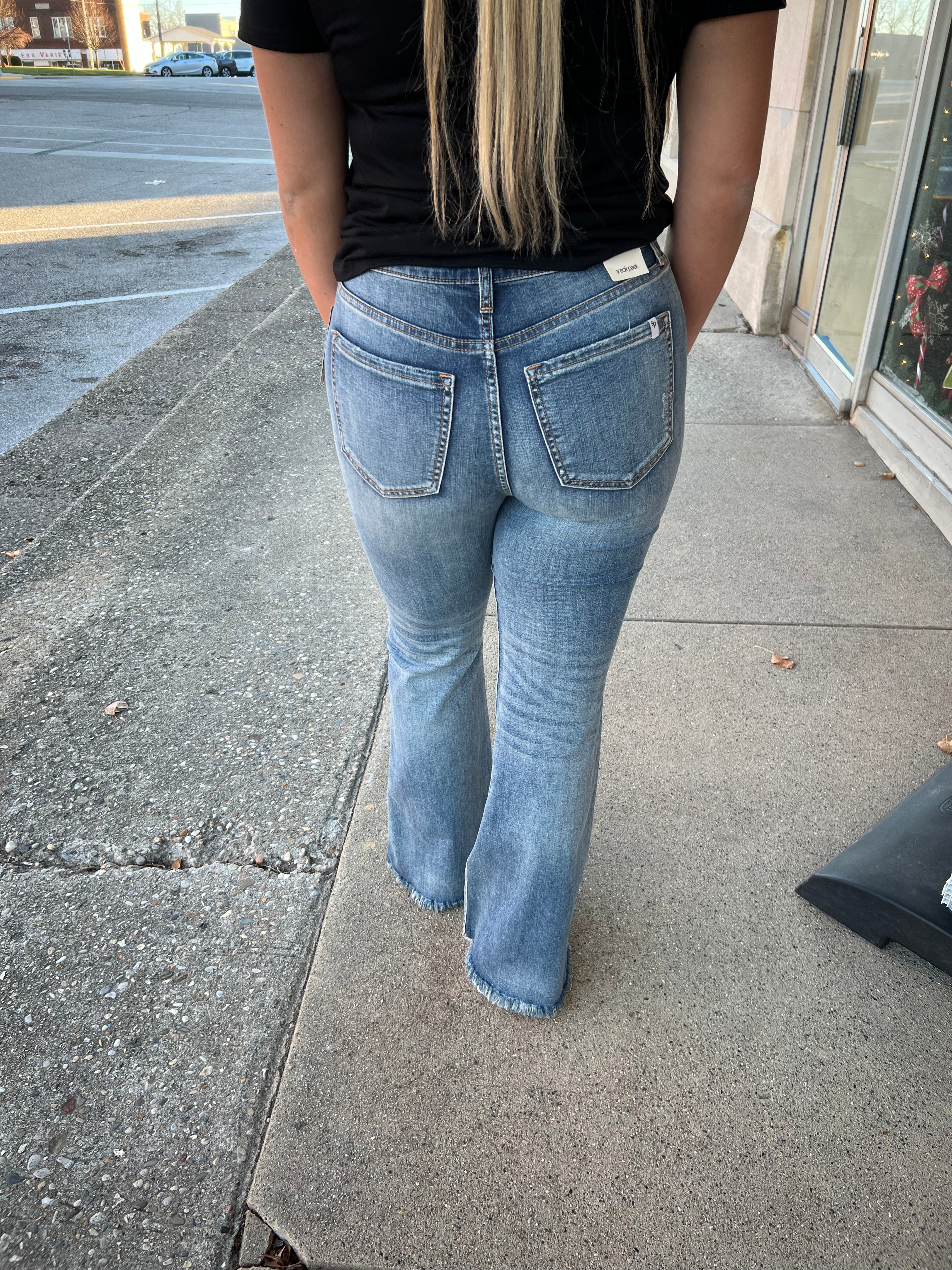 SneakPeek Vintage High Rise Flare Jeans Denim with Frayed Hem - Athena's Fashion Boutique