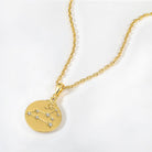 Gold necklace with a round pendant featuring Leo Zodiac star constellations on a white background