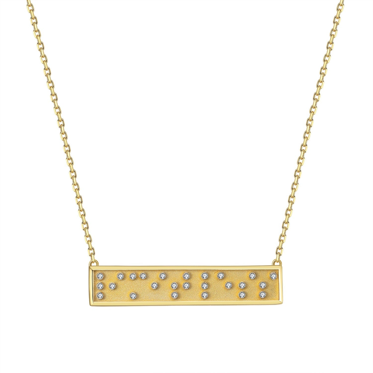 Gold necklace with a bar pendant featuring small Braille message diamonds on a white background spells out limitless