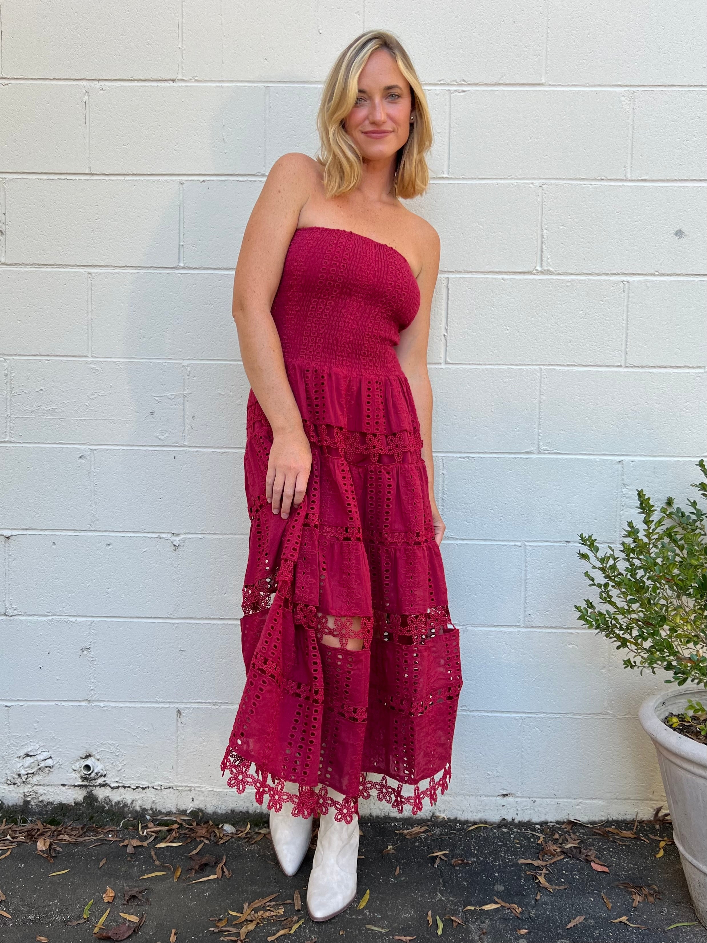 Strut & Bolt | Eyelet Lace Strapless Midi Dress | Sweetest Stitch