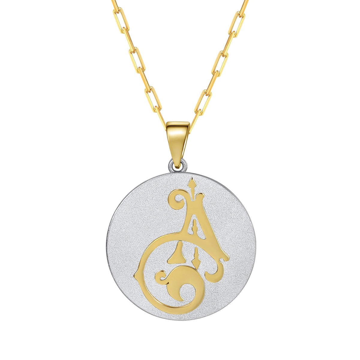 Saints & Saviors Fancy Initial Pendant Necklace initial A gold on silver disc on a white background