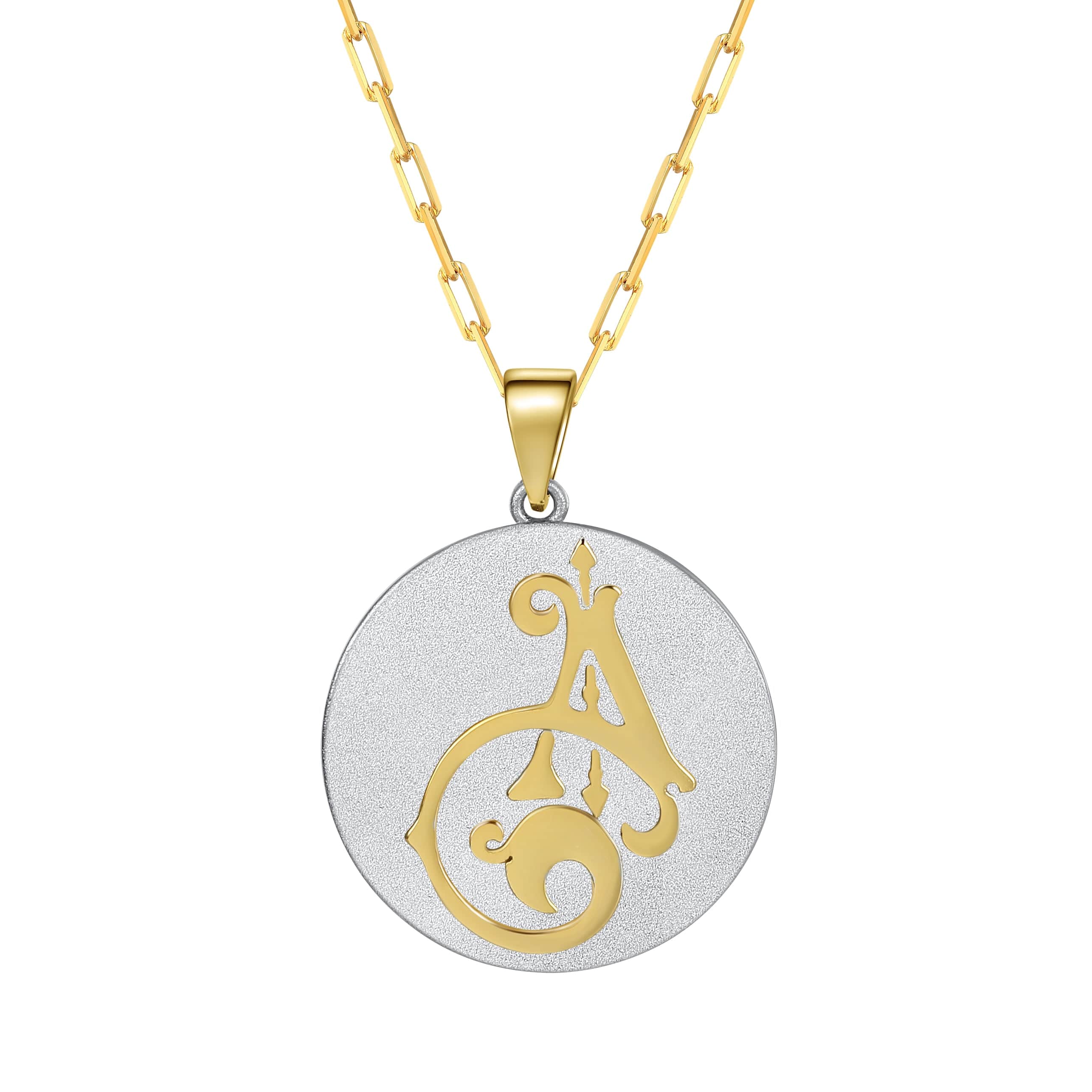 Saints & Saviors Fancy Initial Pendant Necklace silver disc with gold inital A on white background