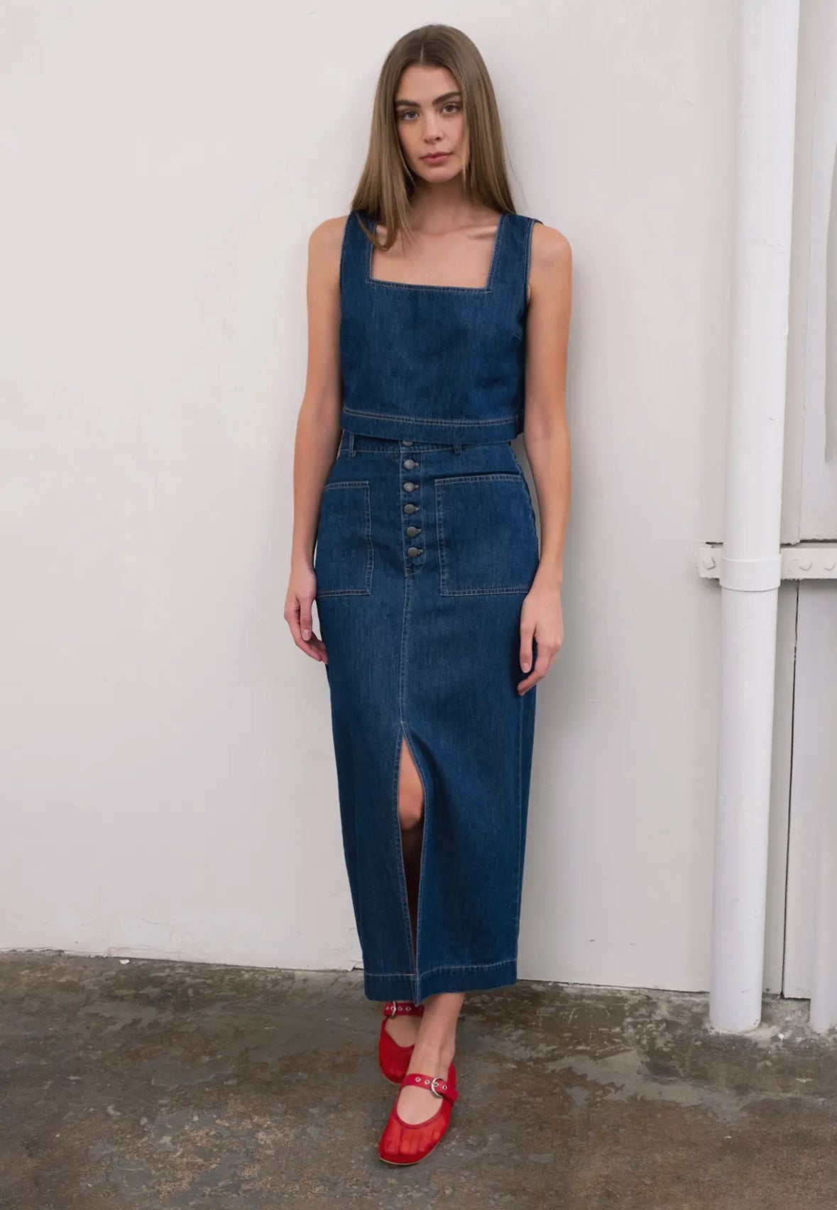 Moon River Denim Square Neck Tank