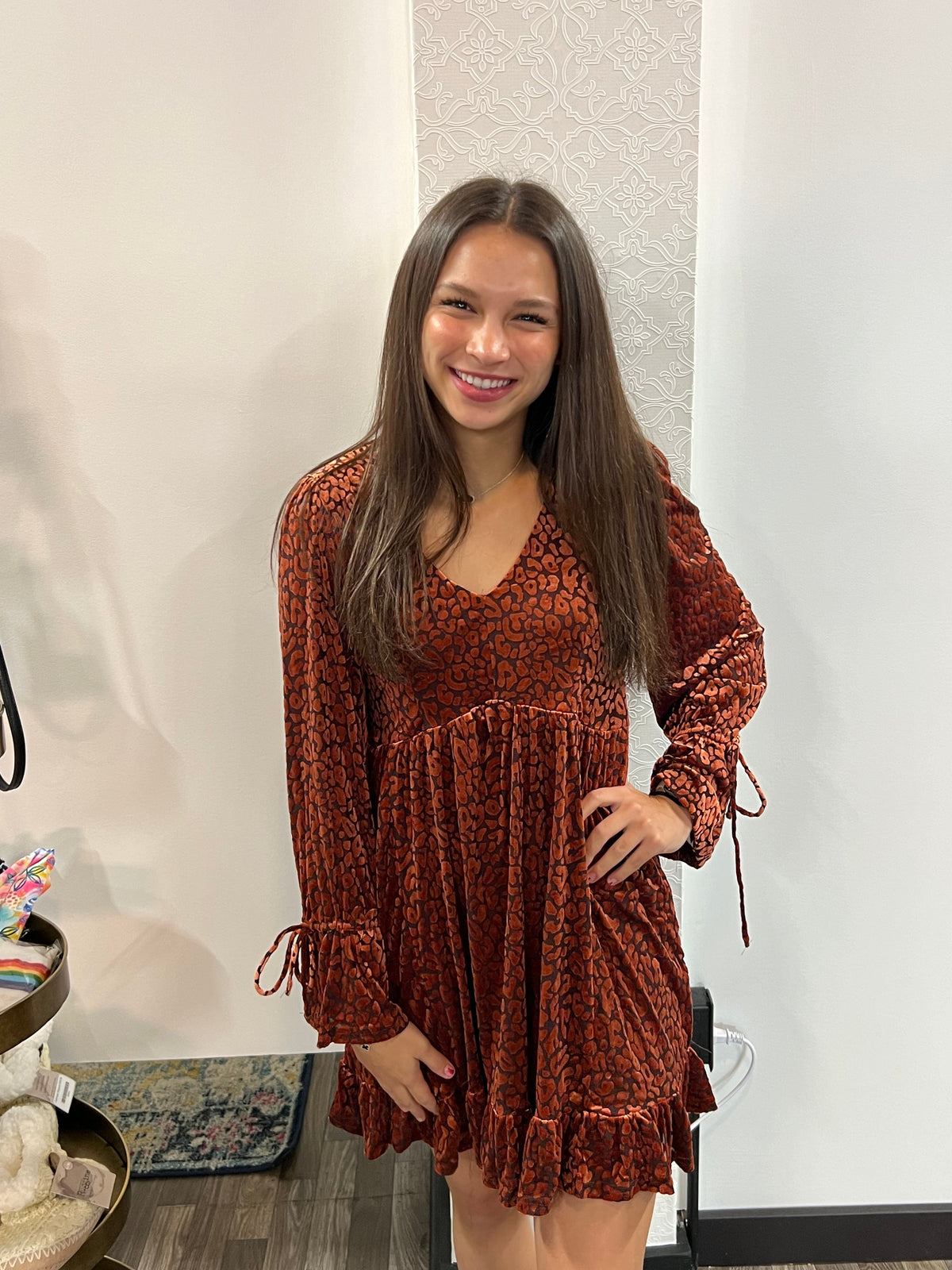 Rust Leopard Velvet Ruffled Holiday Mini Dress – Shoptiques