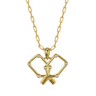 Gold pickle ball necklace with apaddle cross pendant on a white background