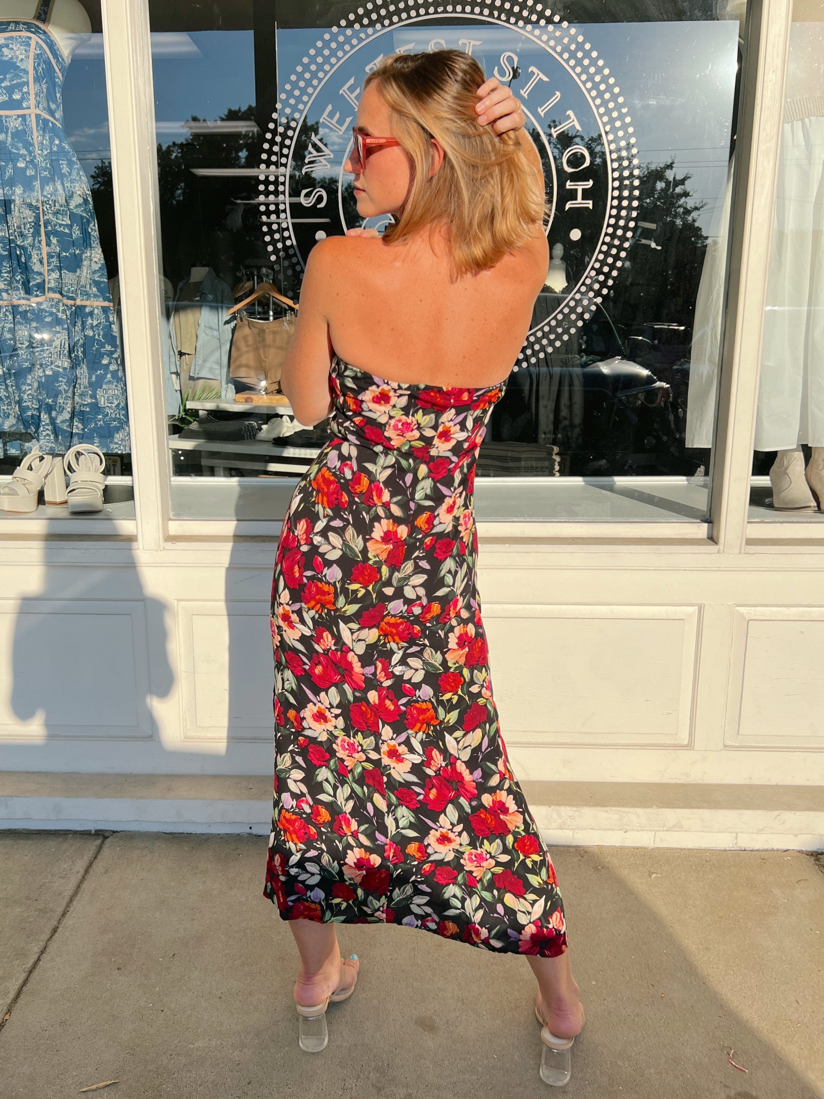 Sadie and Sage | Strapless Floral Midi Dress | Sweetest Stitch