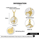 Gold pendant with scorpion design, measurements, and material details on a white background