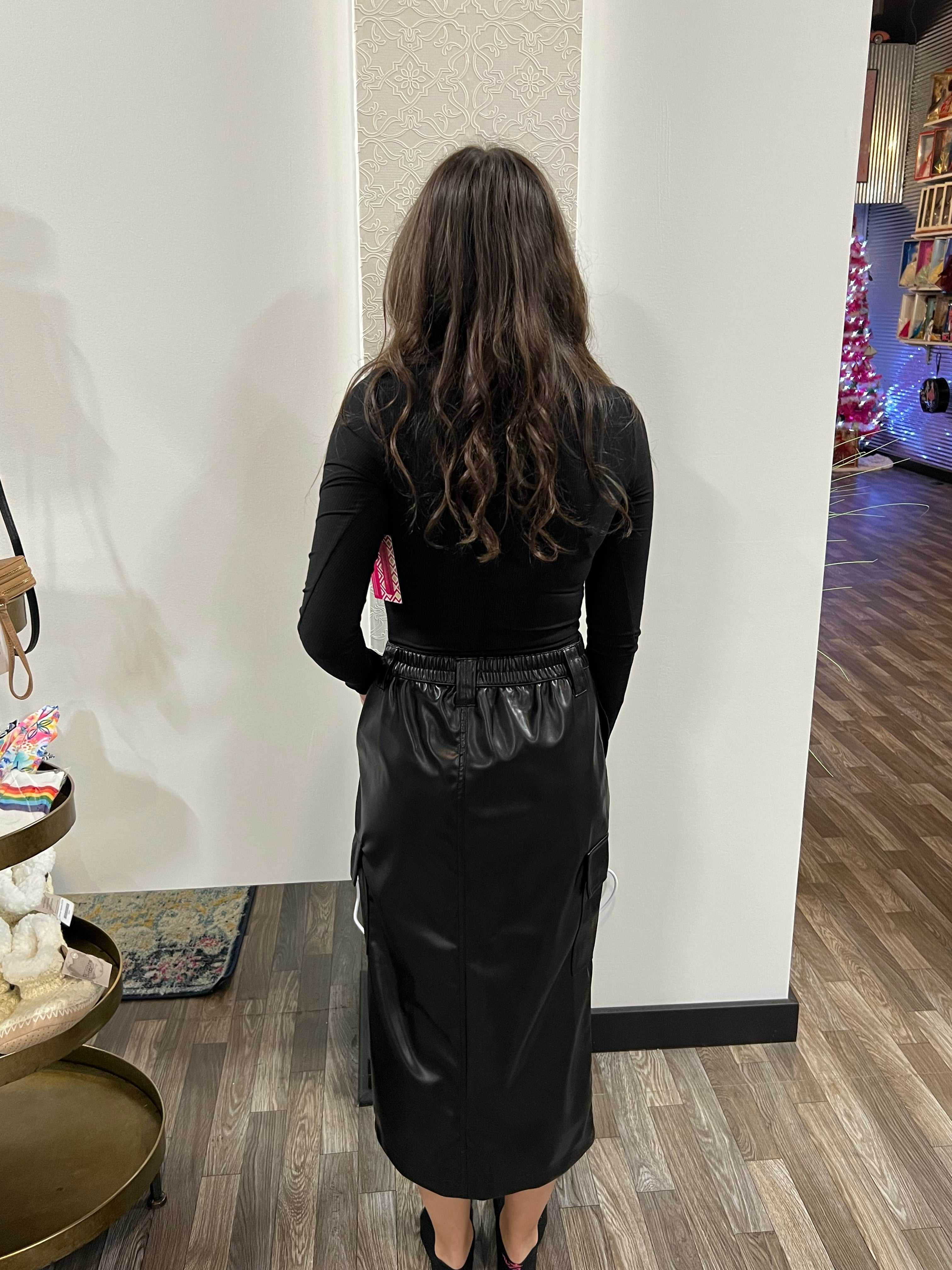Black Faux Leather Midi Cargo Skirt