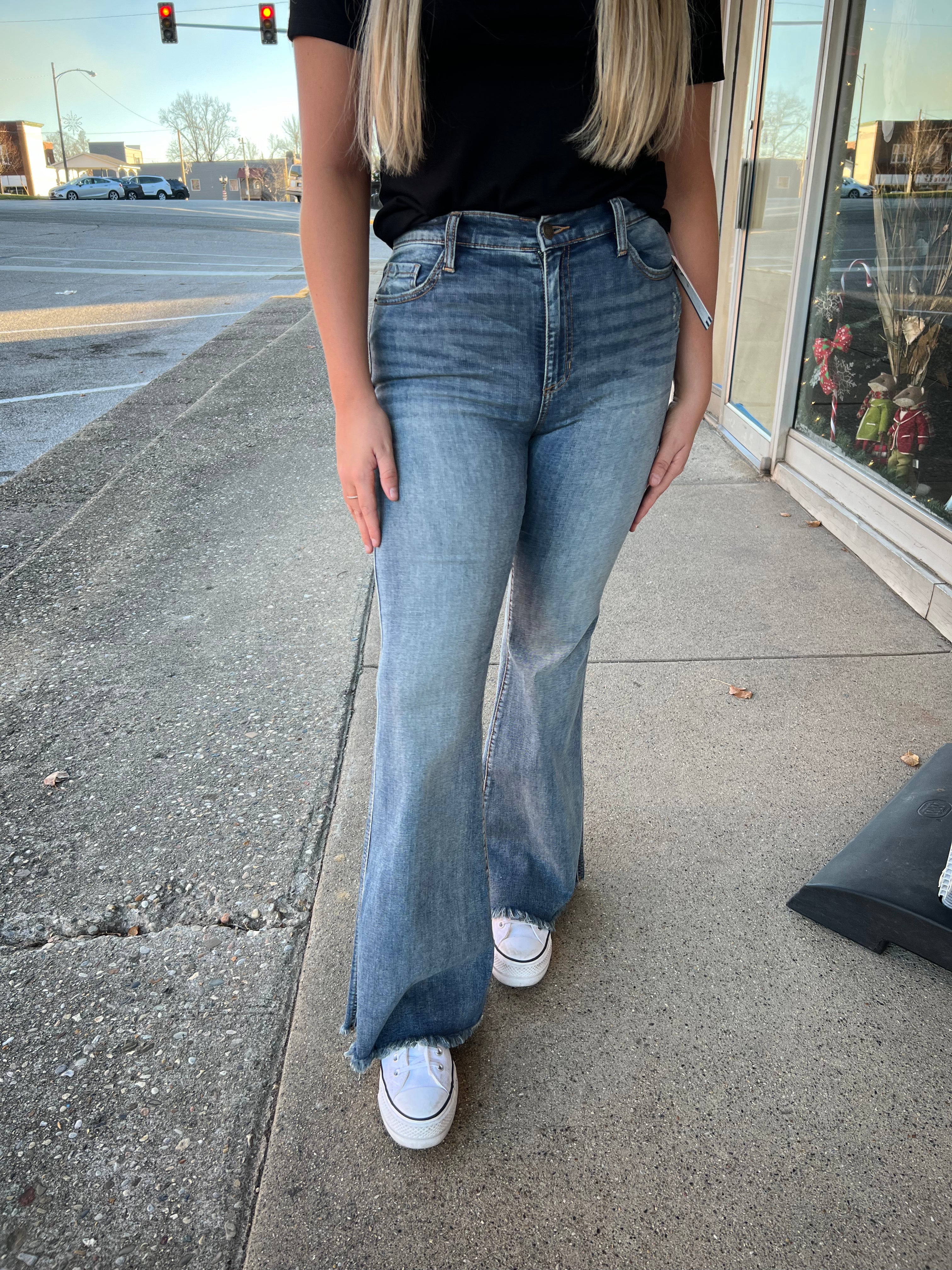 SneakPeek Vintage High Rise Flare Jeans Denim with Frayed Hem - Athena's Fashion Boutique