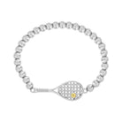 Lovematch Silver stretch bead bracelet with tennis racket and ball charm on a white background