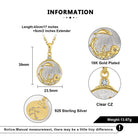 Gold and silver pendant necklace with measurements and material details on a white background