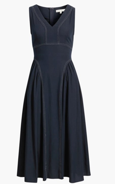 moon river midi dress Moon River Tie Back Contrast Stitch Dress in Navy XS