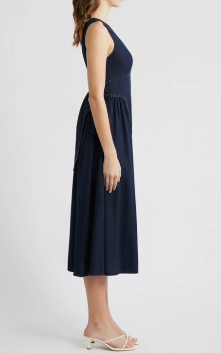 contrast stitch midi dress Moon River Tie Back Contrast Stitch Dress in Navy XS